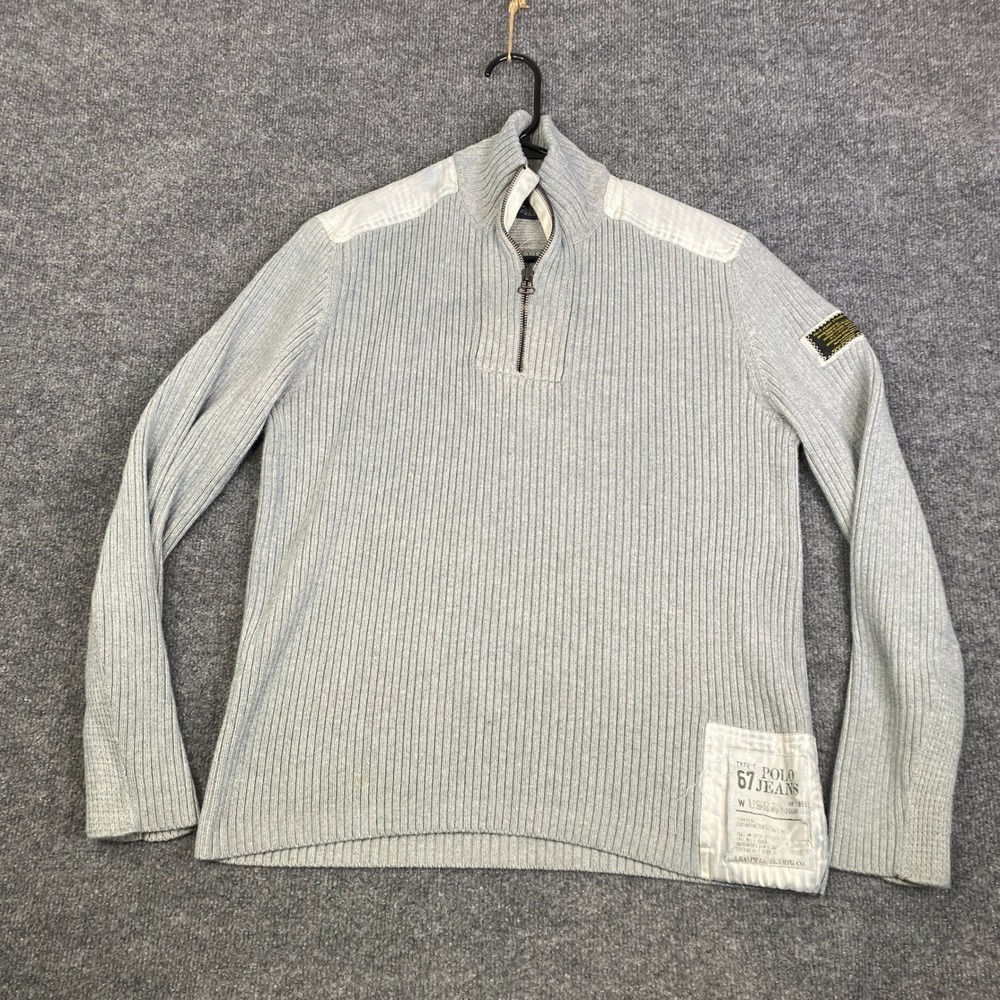 Polo Jeans Co Ralph Lauren Mens Large Gray Ribbed Quarter Zip Cotton Sweater L